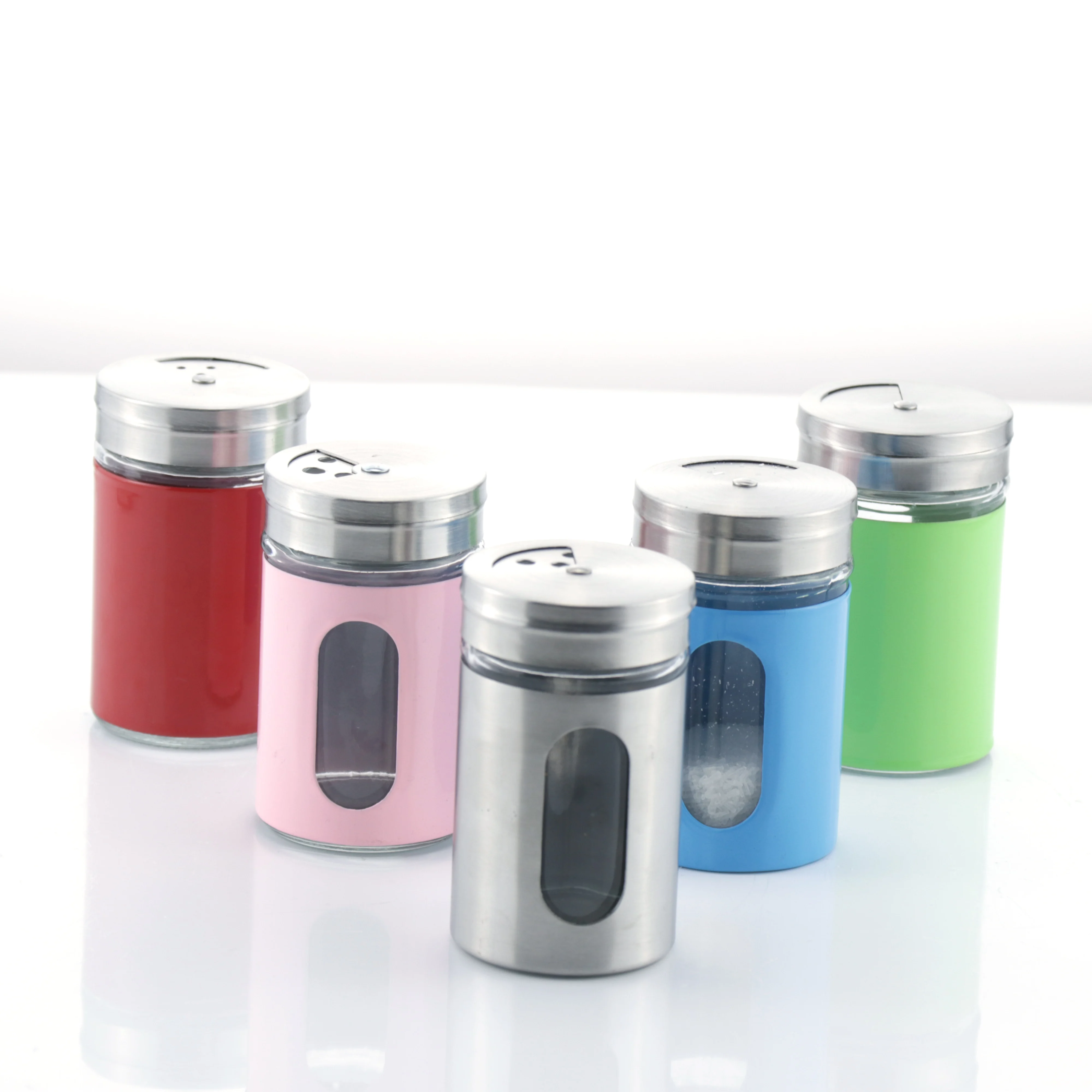 Special Price Coloured Round Stainless Steel Condiment Spice Glass Bottle Salt And Pepper Shakers