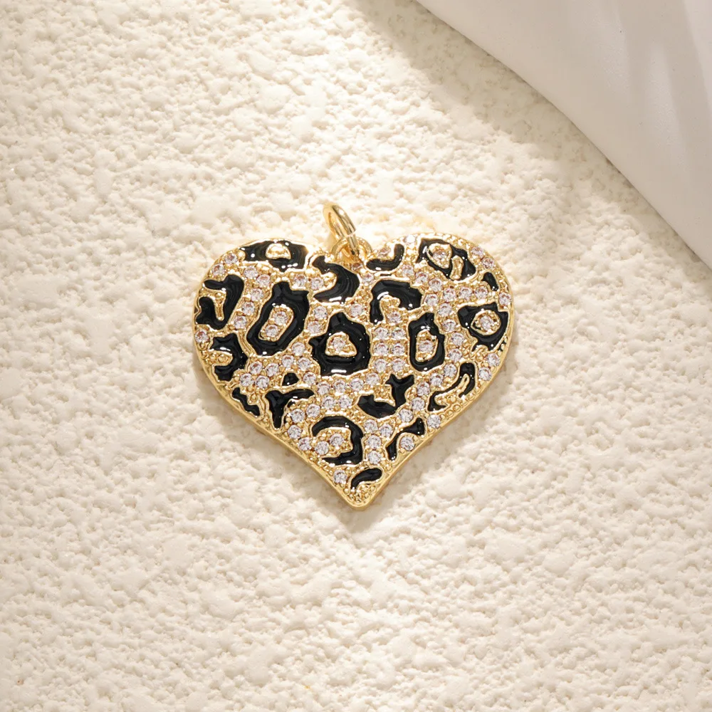 Gold Plated Leopard Print Zircon Pendants Enamel Heart Bracelet Charms Pendant for Jewelry Making Accessories for Necklace