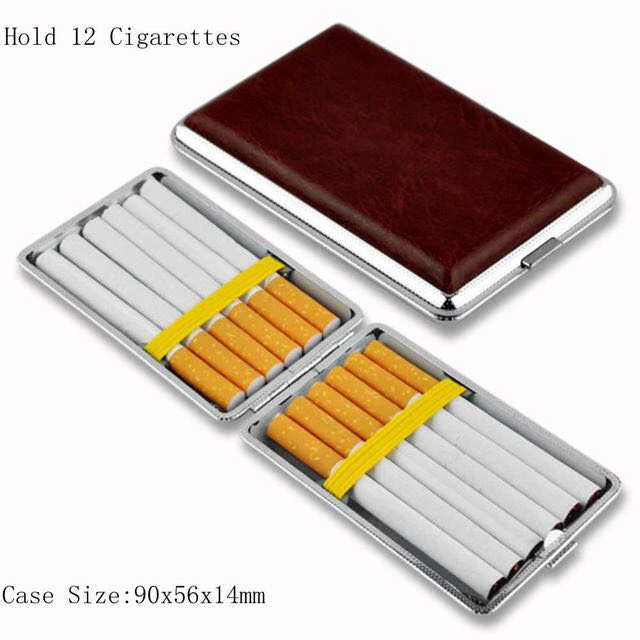 Metal Leather Luxury Cigarette Case Portable Pocket For Men Hold 12 Pcs Bronze Black