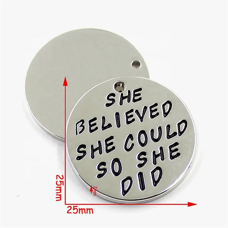 Custom company brand logo stamped engraved metal jewelry round shaped blanks tags charms with jump ring