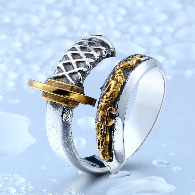 Retro Antique Dragon Pattern Katana Rings Gold Plated Stainless Steel Jewelry Mens Ring