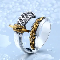 Retro Antique Dragon Pattern Katana Rings Gold Plated Stainless Steel Jewelry Mens Ring