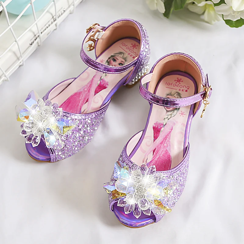 European Style Pink Girls Princess Shoes Bow Children Crystal Shoes Little Girls Shiny Party Dress High Heels