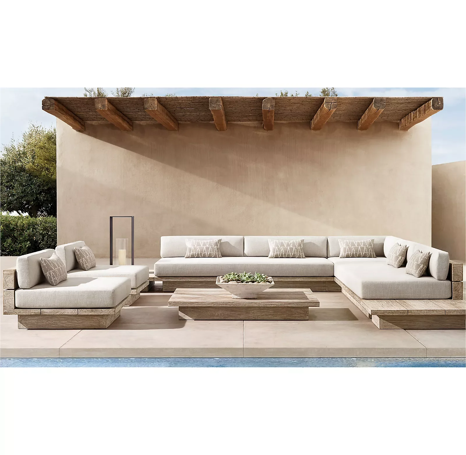 2024 comfortable customized outdoor furniture wooden sofa set weathered teak