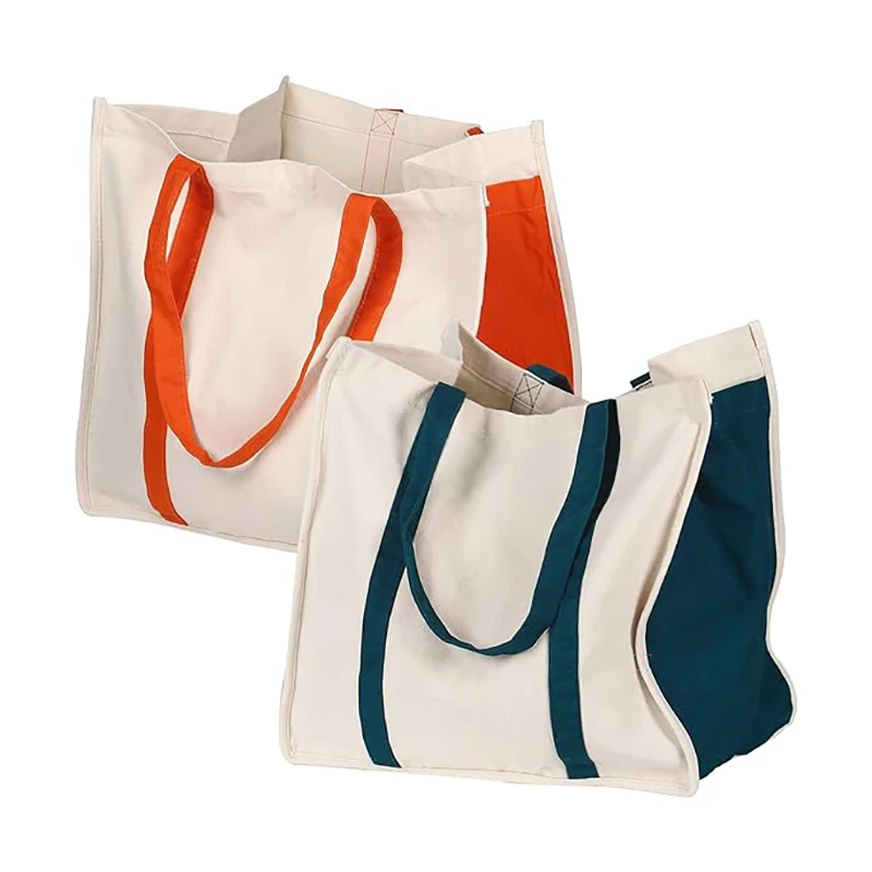 Heavy Duty Reusable Cotton Canvas Grocery Tote Bags with Side Pockets, Large Utility Bag for Shopping, Beach, Picnic