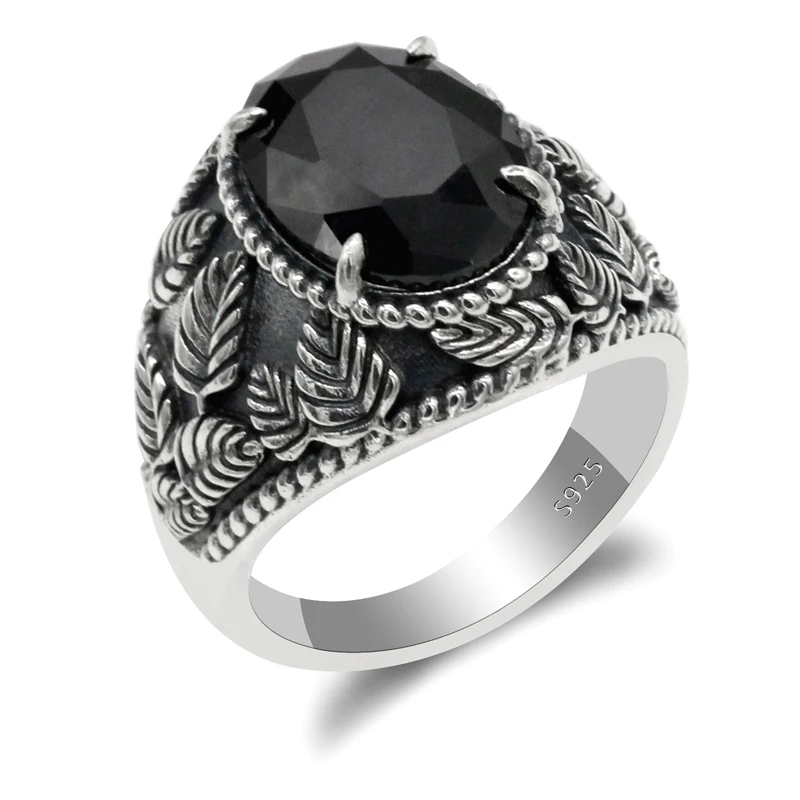 925 Sterling Silver Men Ring Prong Setting Natural Black CZ Stone Rings Vitalit Leaves Engraved Retro Punk Luck Jewelry