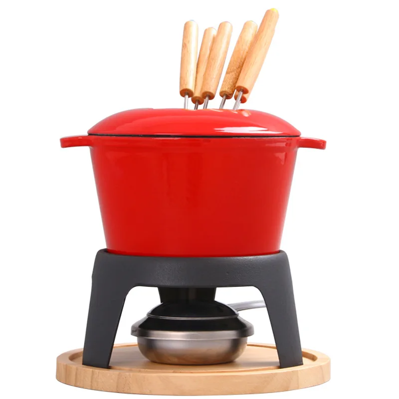 Kitchen Enamel Cast Iron Fondue Set Metal Stand with Stainless Steel Forks and Chrome Gel Burner Cheese Melting Pot