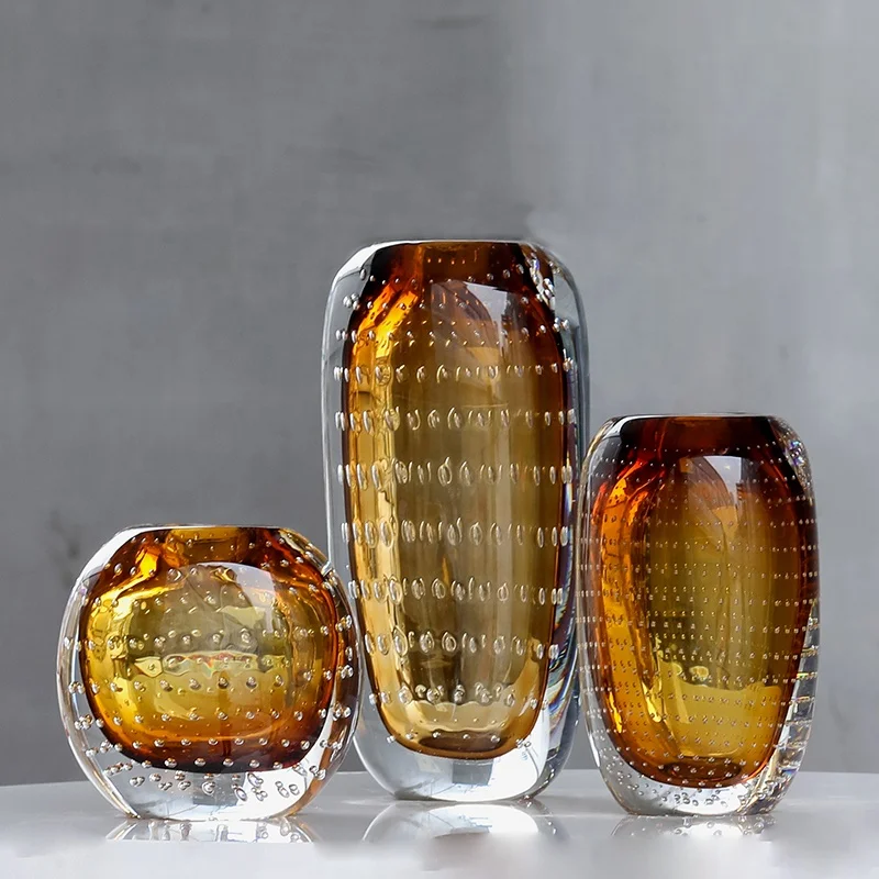 Bixuan Handmade Mouthblown Art Glass Vase Bubbles Design Home Table Decor Centerpieces High-end Heavy Thick Amber Glass Vases