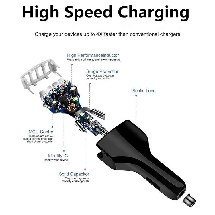 Universal 5V 9V 12V Fast Charging 4-Port USB Multi Car Charger Adapter