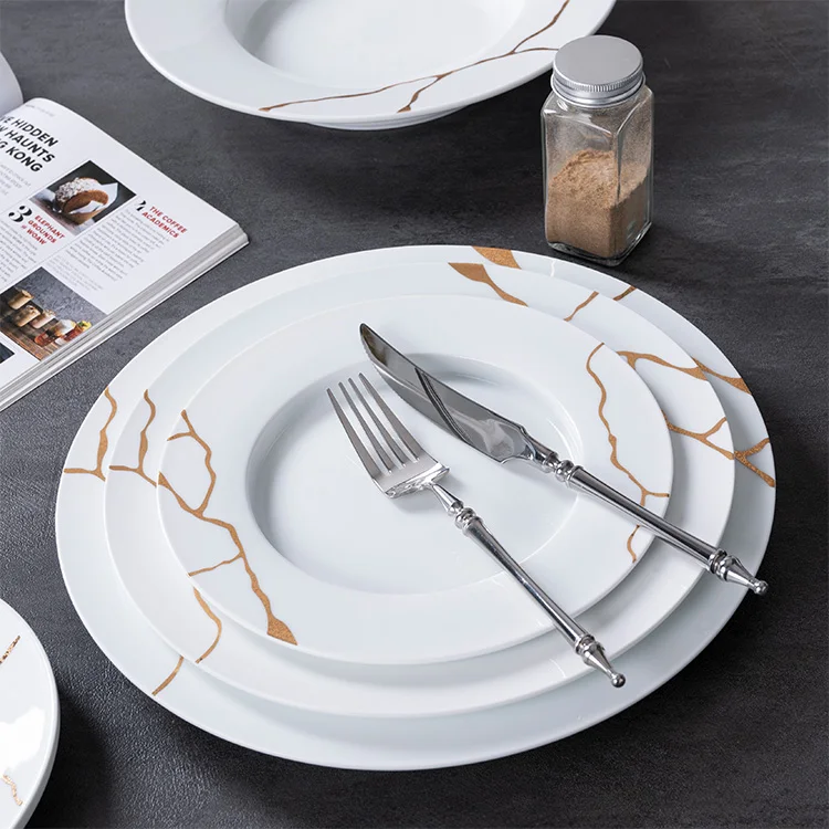 Gold rim ceramic plates custom printed ceramic plate white dinner plates restaurant tableware sets kitchen porcelain dinner set