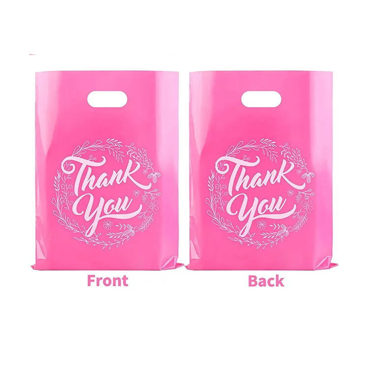 2 Mil LDPE Recyclable Shopping Bags 12x15 Die Cut Heat Seal Handle Gusset Type Grocery Industrial Use Thank You Logo Pink