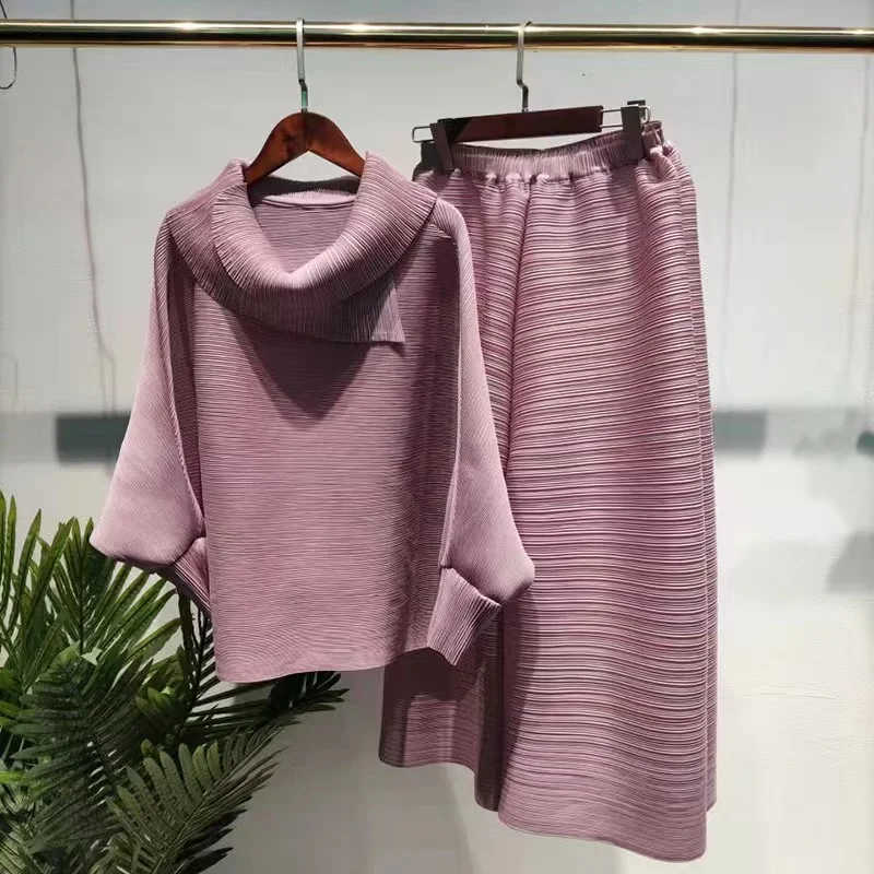 Autumn Factory outlet Plus Size Solid color  Miyake Pleated Polyester Breathable Women top With Wide PantsTwo Pieces set