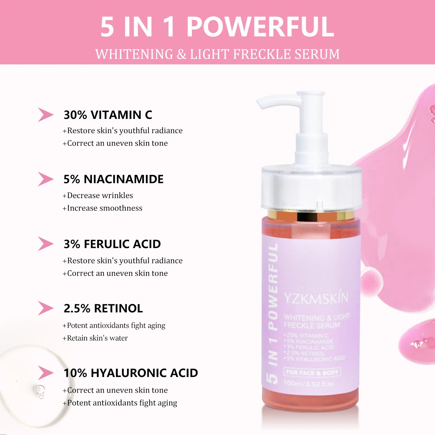5 in 1 collagen hyaluronic acid niacinamide retinol vitamin c lightening whitening skin care serum for face and body