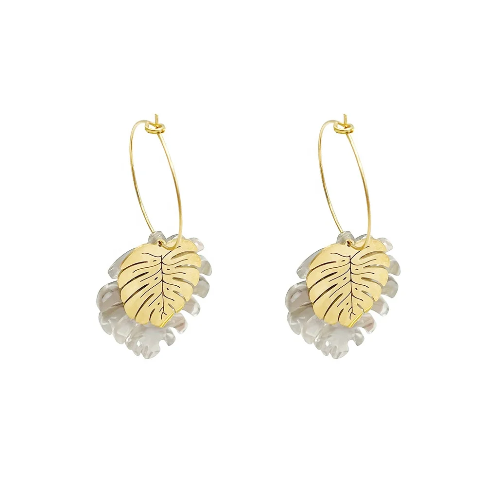 Minimalist fashion women gold-plated leaf earrings Stainless steel hollow palm leaf hoop earrings Plant jewelry