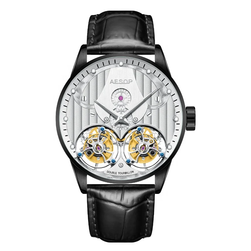 Custom Lower MOQ Full Black Oil Pressure Gear Dial Hand Winding Movement Sapphire Mechanical Double Tourbillon Wristwatch