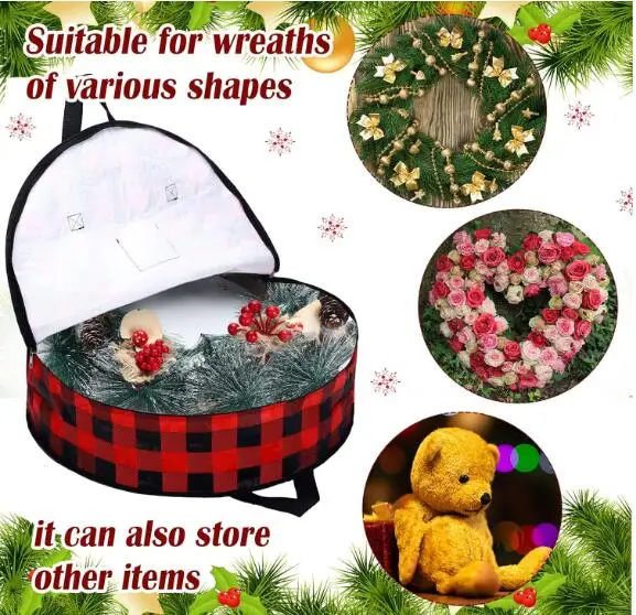 Round Buffalo Plaid Wreath Storage Bag Waterproof Christmas Tree Container