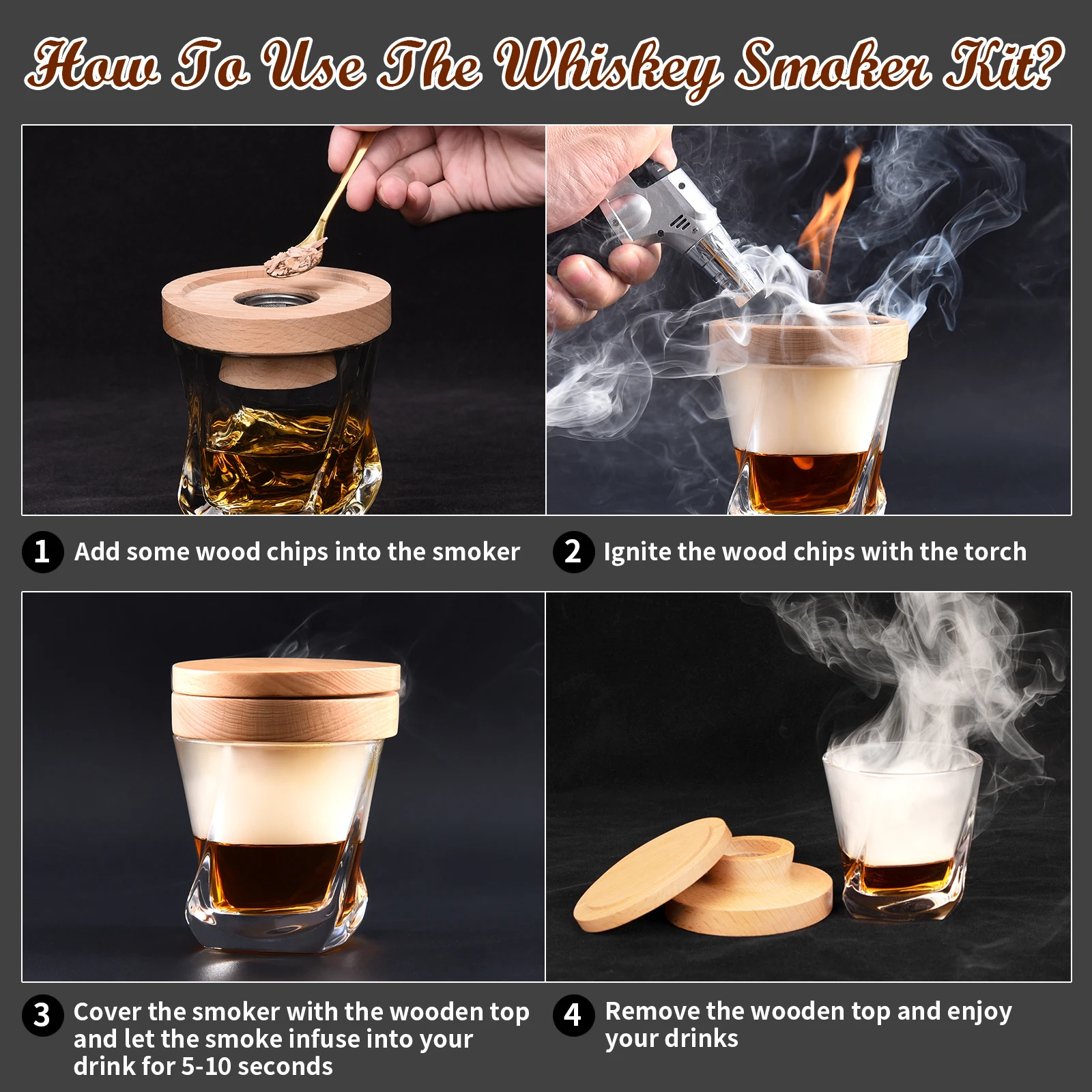 Customized Cocktail Whiskey Smoker Kit With 4 Kinds Wood Chips and Cocktail smoker Torch in Color Box For Whiskey Bourbon