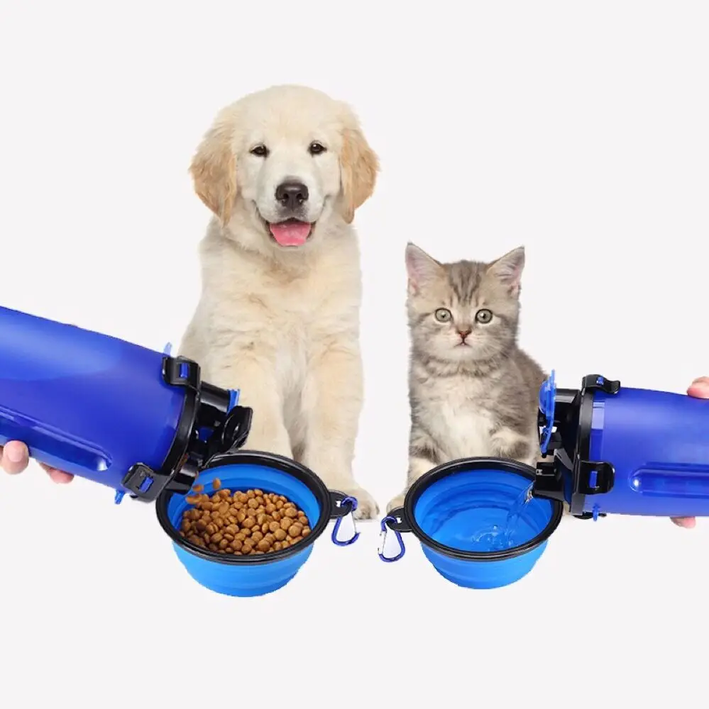 Outdoor portable travel food water 2 in 1 pet feeder bottle with silicone collapsible dog bowl