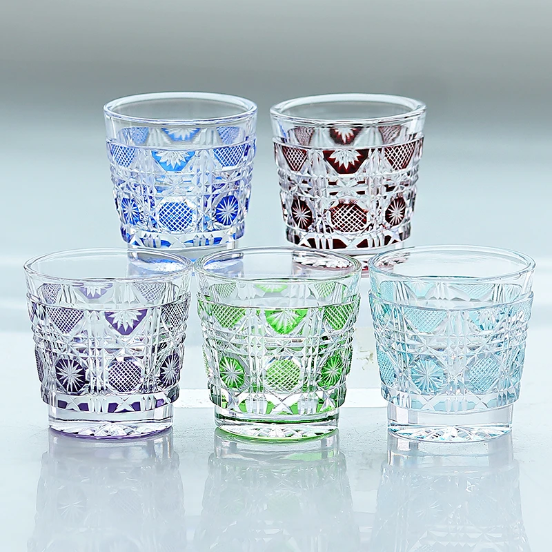 Set Of 5Pcs Hand Cut To Diamond Pattern Colored Edo Kiriko Crystal Shot Glasses For Liquor Sake Cup 1oz Gift Pack