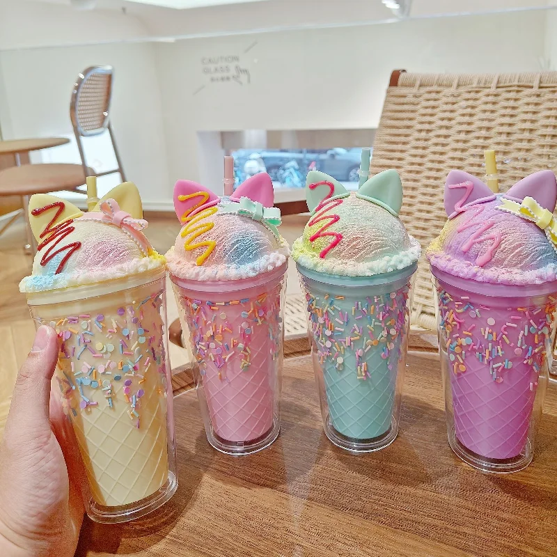 Cute 450ml cat ear lid ice Cup with straw newest cartoon drinking glass summer cool ice cream plastic tumbler cup for gift
