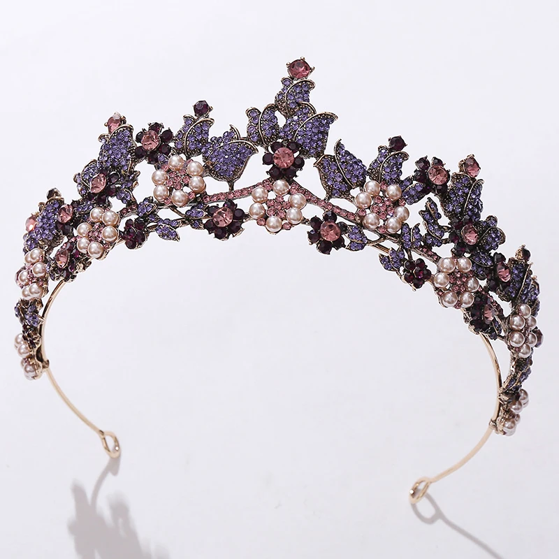 Retro Style Colorful Floral Crown With Diamond Antique Gold Rhinestone Tiaras For Queens Pearls Bridal Hair Accessories Luxury