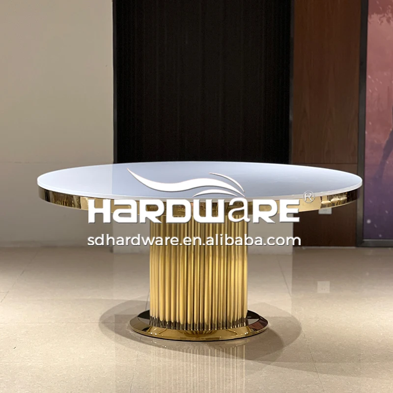 Foshan Hardware Furniture Gold Stainless Steel Clear Glass Round Banquet Table Set