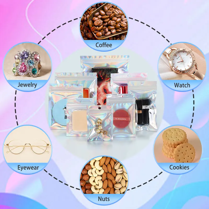 Moq 100Pcs Wholesale Holographic Foil Plastic Small Business Resealable Zip Lock Candy Makeup Jewelry Packaging Bag