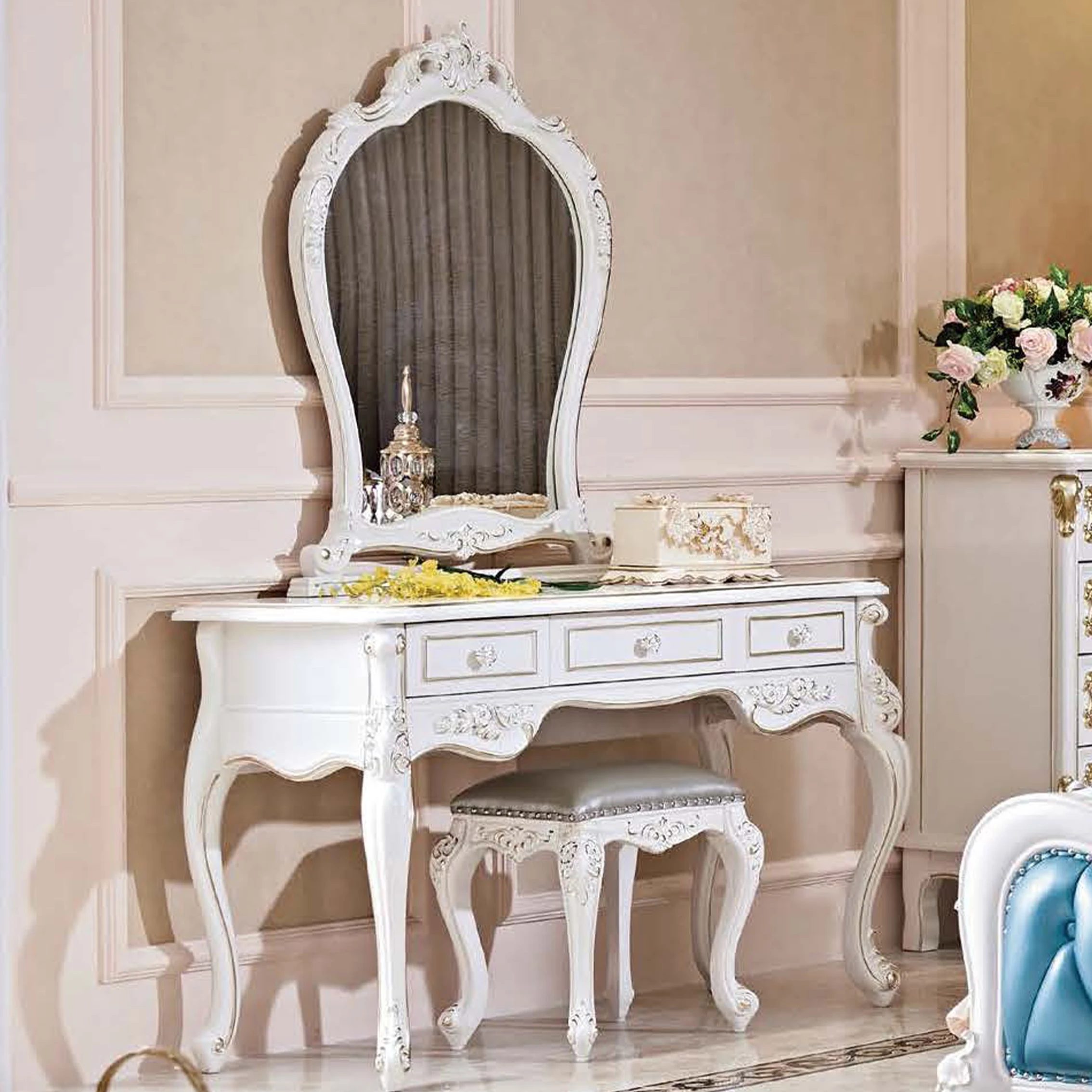 French luxury classic makeup table Solid wood bedroom dresser furniture set Storage cabinet dressing table with mirror and stool