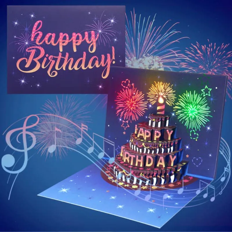 Music and led light happy birthday card 3D Pop Up firework musical birthday card
