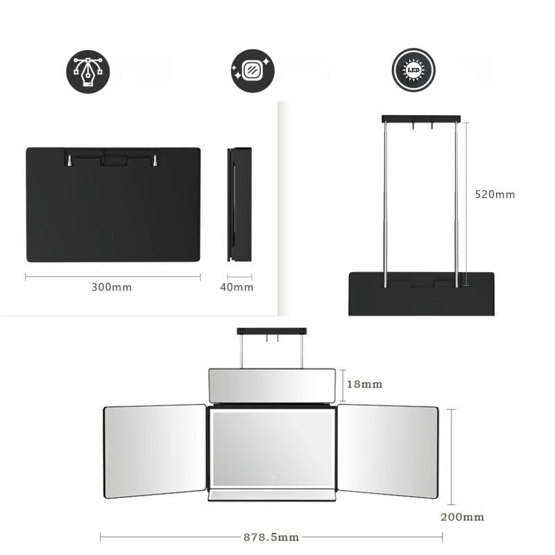 3-way Barber Mirror for Women Shaving Self-cut Makeup Mirror S Car Cosmetic Mirror with Led Light