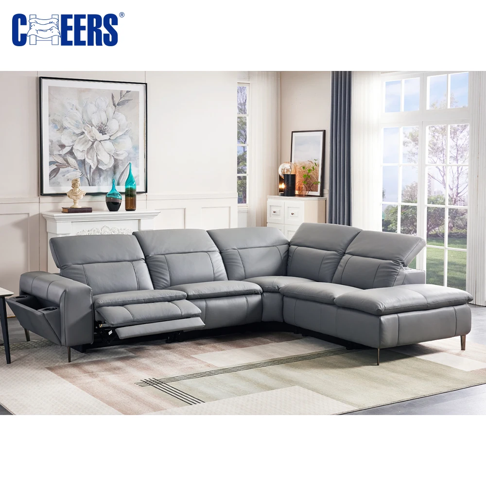 MANWAH CHEERS Grey Modular Furniture Recliner Couch 4 Seater Sectional Sofa Reclining Corner Leather Living Room Set