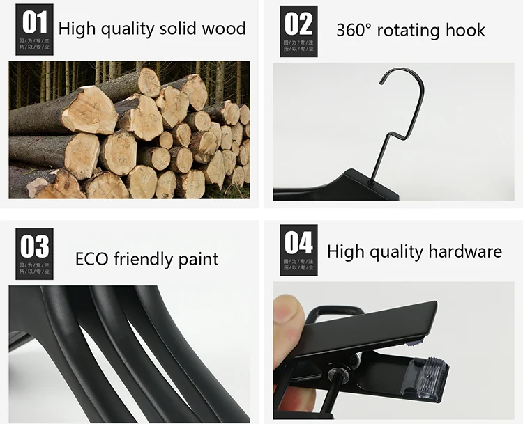 Cheap mens woman kids infant packaging black wooden modern apparel clothes pants trousers hanger with hooks
