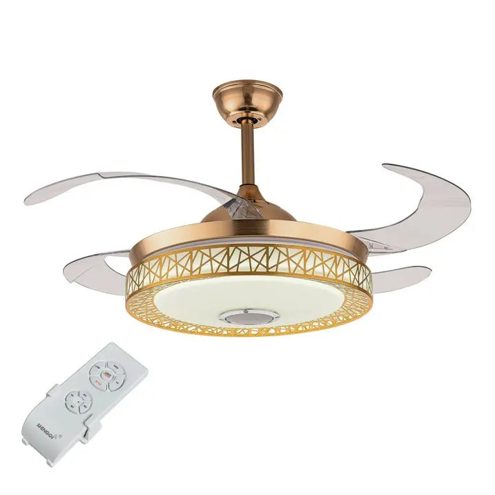 42inch Invisible Ceiling Fan Bluetooth Speaker Remote LED Lamp 4 Retractable Blade Chandelier 3 Color Changing LED Pendant Light