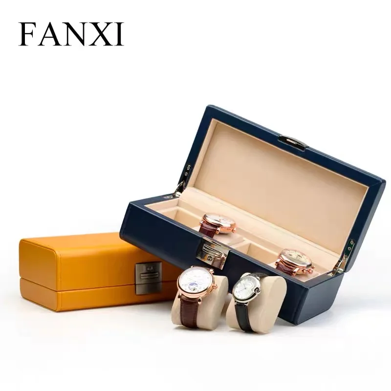 
Top selling Luxury Watch Case Storage box Navy Blue and Yellow Pu leather with velvet insert for 4 watches jewelry Watch Case 