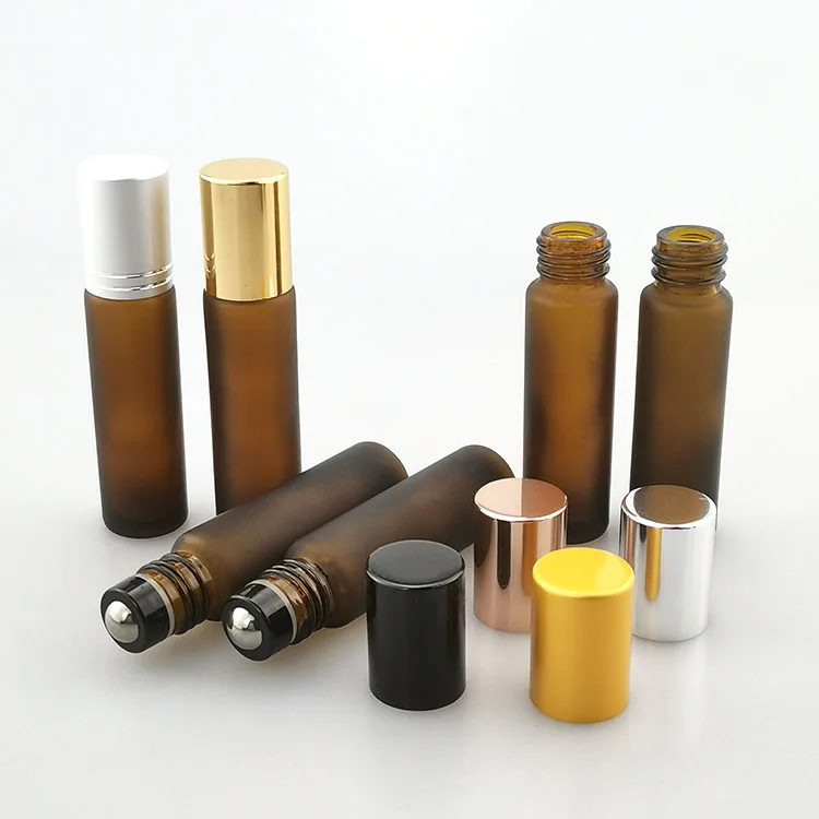 Frosted Amber Empty Glass Roller Bottle 10 ml with Stainless Roll On Ball and Aluminum Gold Cap