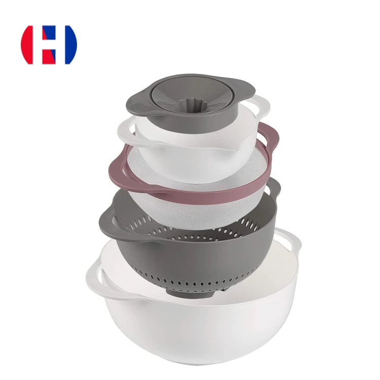 5 Piece Mixing Bowl Set Stackable Kitchen Nesting Bowls Sieve Strainer Colander Plastic Bowls for Salad Mixing