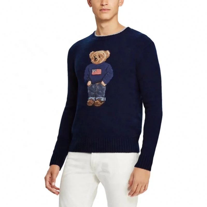 Wholesale Custom Latest Designs Winter Jacquard Cotton Blend Knitwear Wool Black Bear Emboss Cartoon Pattern Knit Sweater Men
