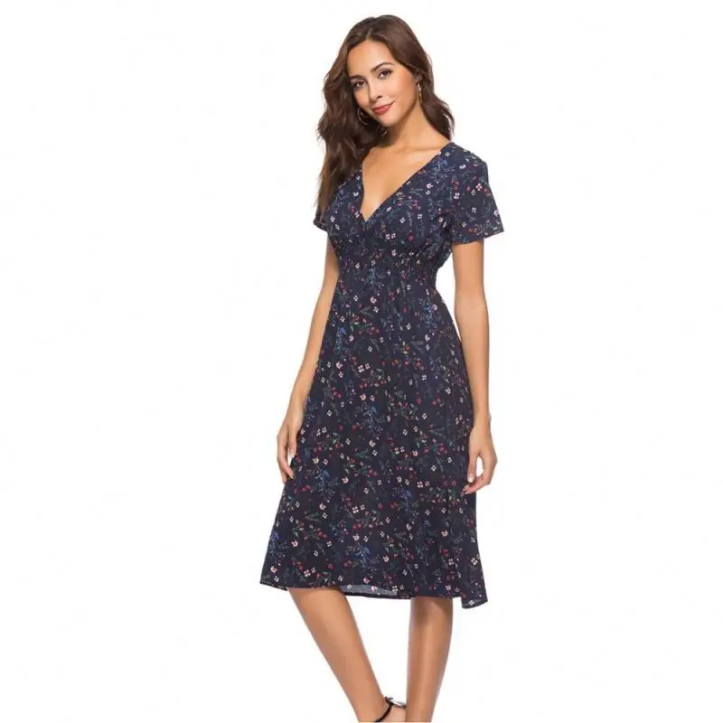 New europe women bohemia chiffon v-neck dot printing short sleeve midi dress beach ladies elastic waist dress