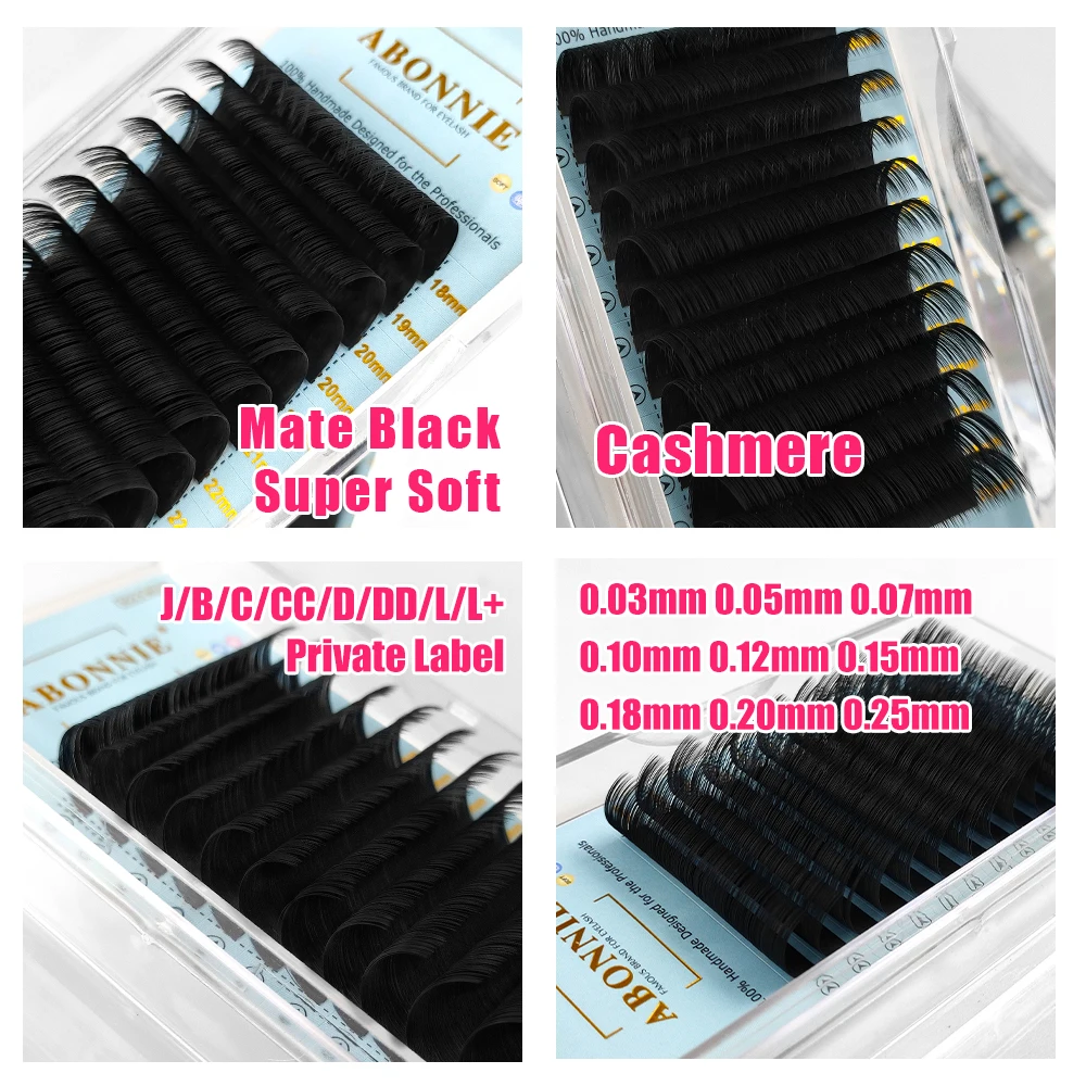 Abonnie Korean Pbt Material Individual Eyelash Extension Matte Black Private Label Custom Packaging Eyelash Extension