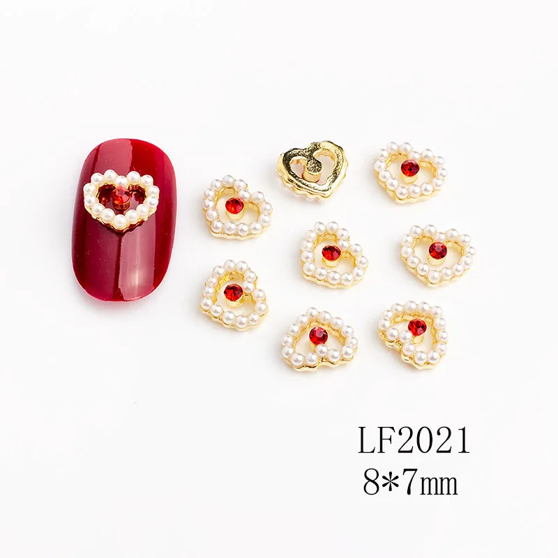 5Pcs Pearls Edge Around Nail Art Rhinestones 3D Heart Relief Glass Nail Jewelry Shiny Crystal Manicure Accessories