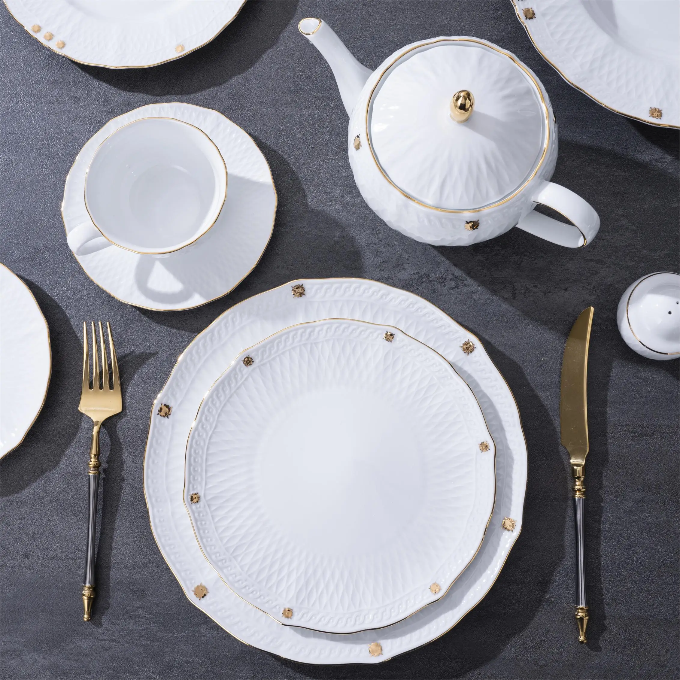 PITO Modern Royal White Porcelain Gold Rim Restaurant Dinnerware Set Dinnerware Sets Porcelain Luxury Ceramic Tableware
