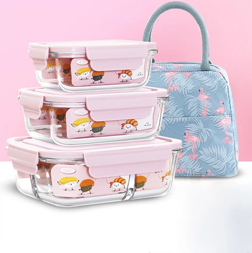 microwave safe  glass lunch box set with bag lunch box glass botosilicate glass lunch box