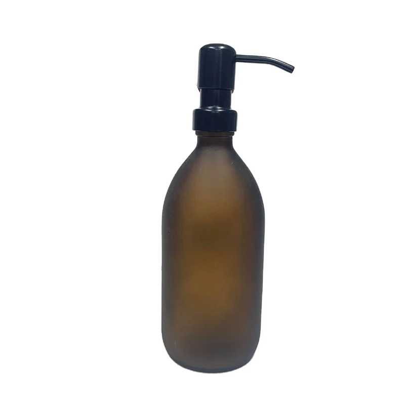 16oz 500ml amber glass hand soap bottle with black stainless steel dispenser pump