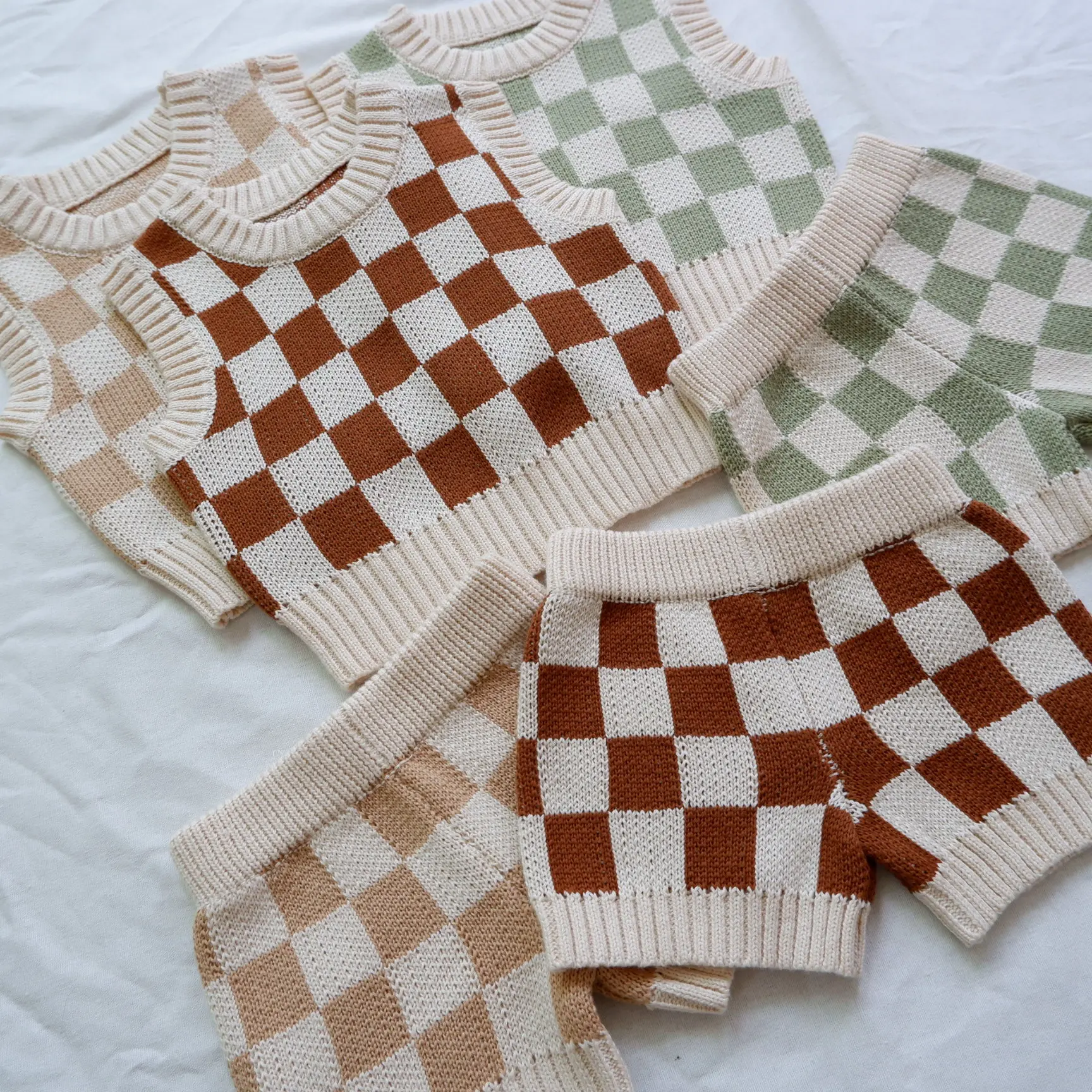 Custom Toddler Baby Knitwears Summer Checkers Knitted Tank Tops Shorts Set