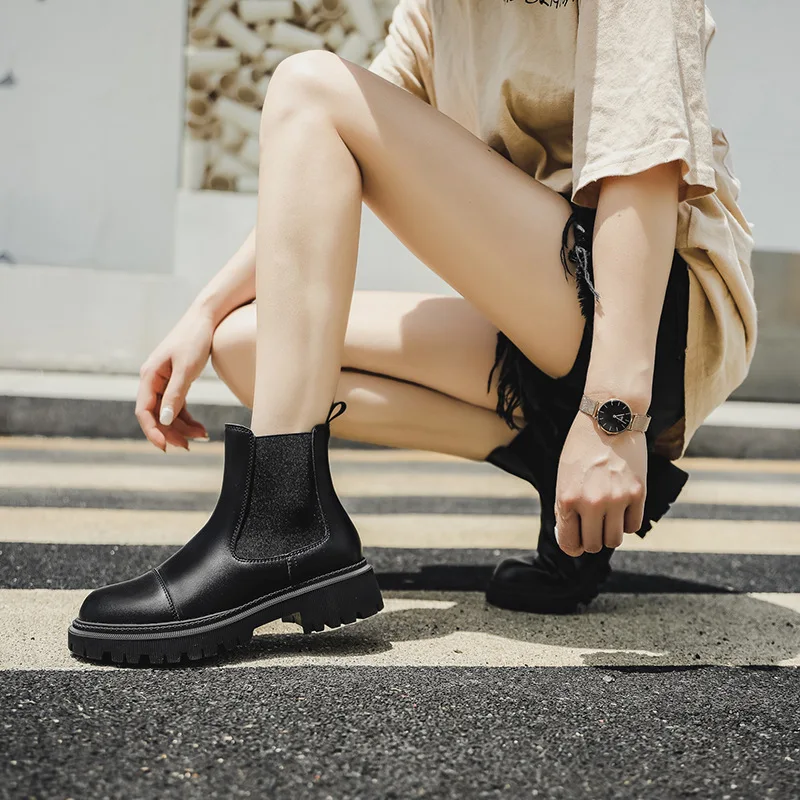 Ankle women boots Platform Women Cow Leather Boots Round Toe Elastic Band Thick Sole Ladies Shoes
