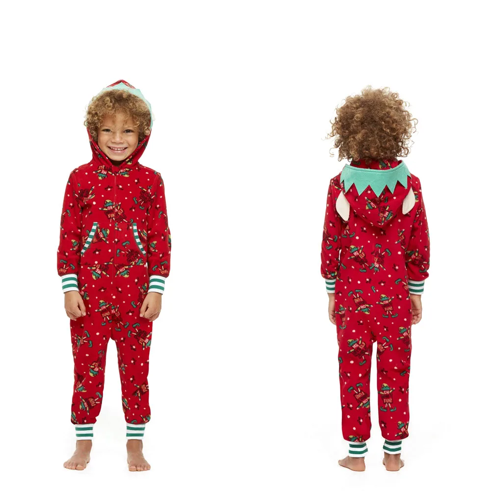 Детская одежда, семейная одежда, сочетающиеся рождественские пижамы, комбинезон, комбинезон с красным принтом, Рождественская одежда для сна, наряды на молнии с капюшоном