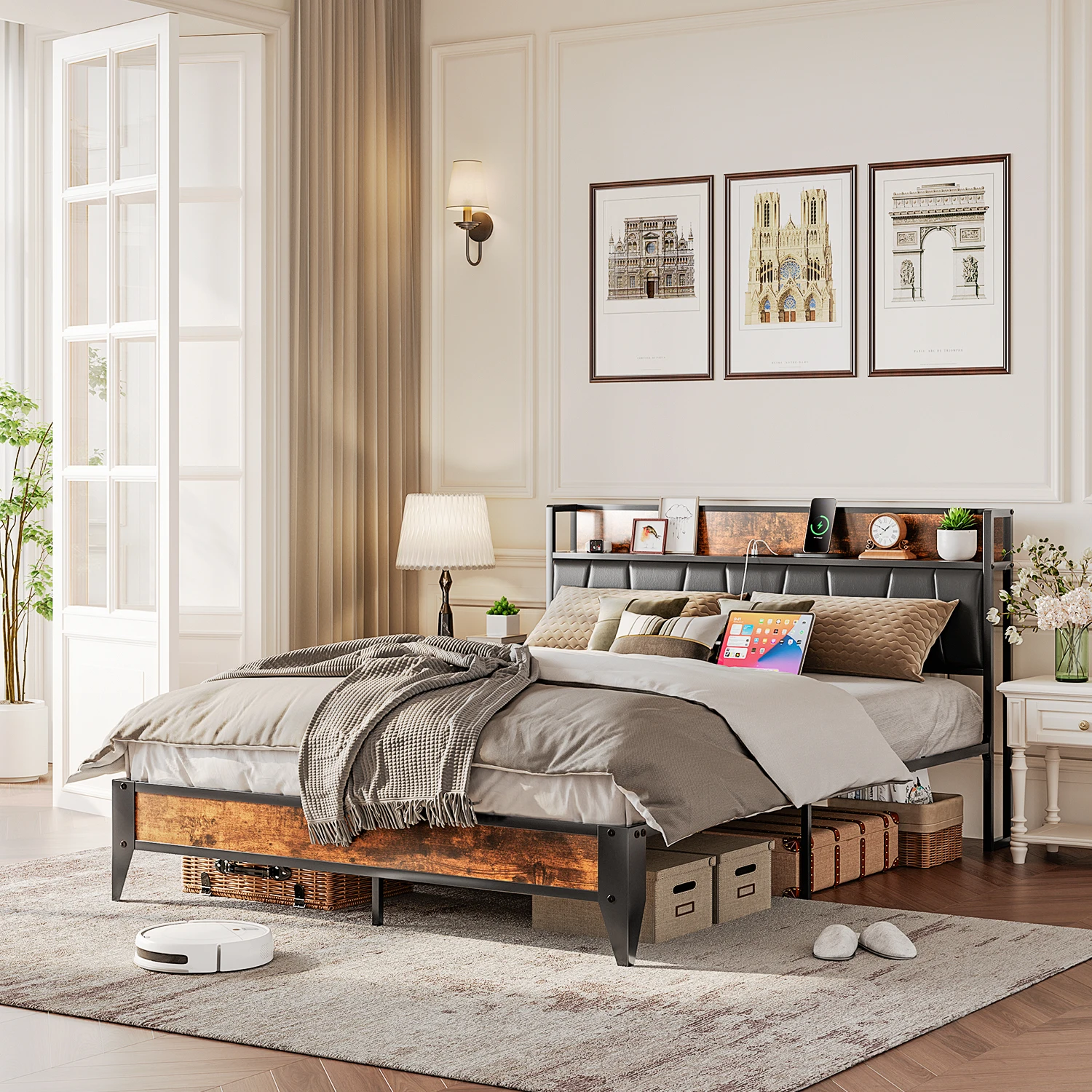 Modern Queen Size Metal Platform Bed Frame with Wood Headboard & Footboard Steel Slats & Storage for Bedroom