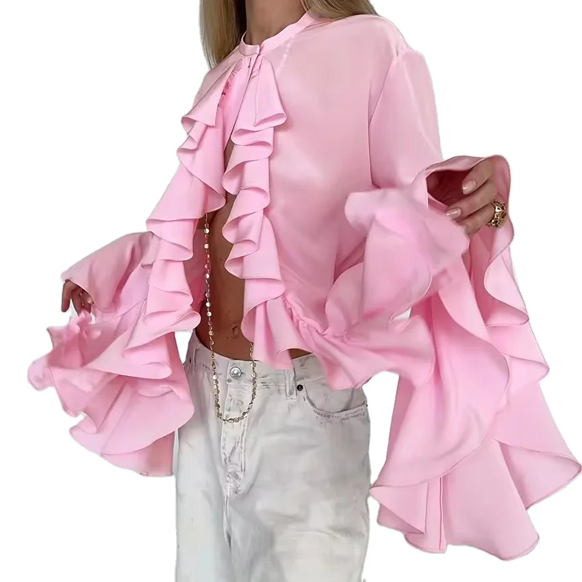 French Style Women Flare Long Sleeve Ruffles Fashion Casual Shirts Ladies Blouse