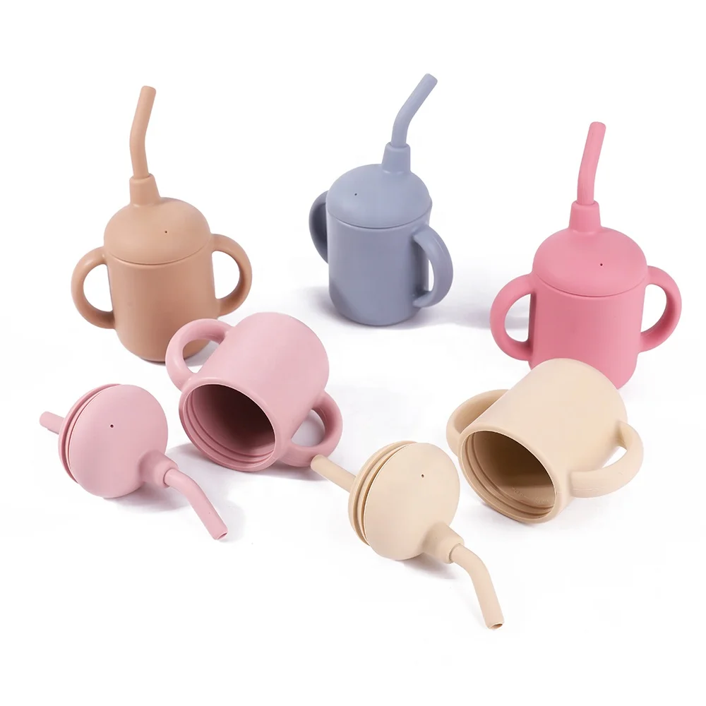 Детские Силиконовые чашки для питья воды с двумя ручками, Детская силиконовая соломинка, чашка с крышкой и унцией для малышей