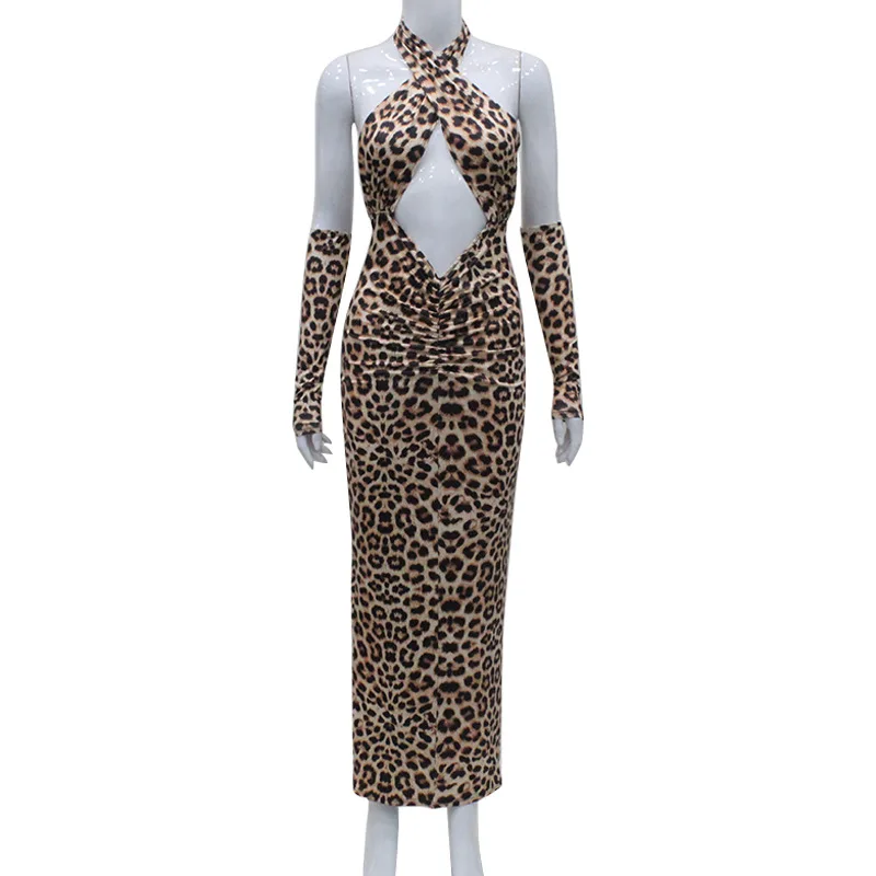 Sexy Summer Female Leopard Print Halter Neck Cross Hollow Dress Two-piece Model Stage Costume Can Be Customized